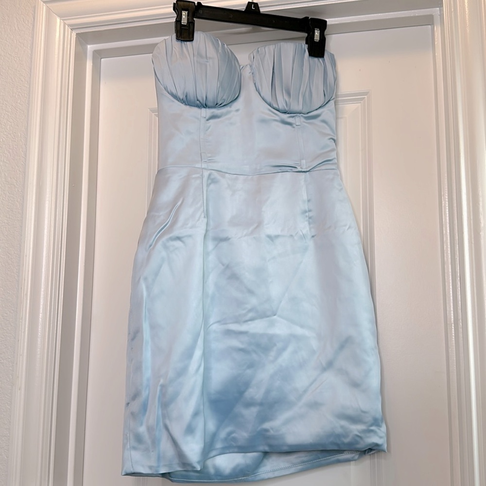 Naked Wardrobe Satin ice blue strapless mini‎ dress size Small